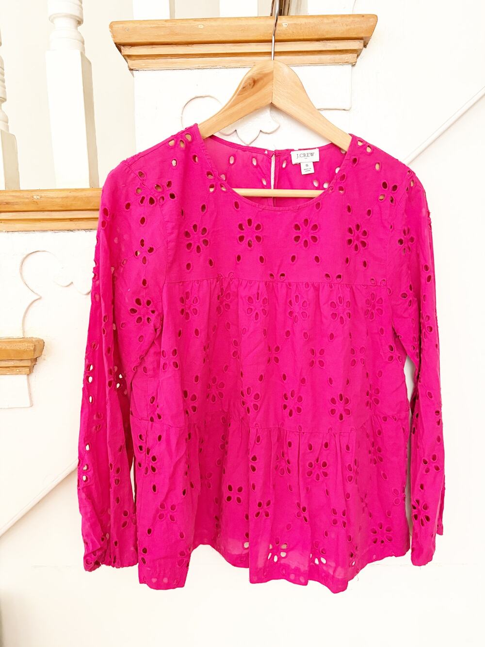J.Crew Pink Eyelet Cotton Peplum Blouse Small Embroidered Long Sleeve Top size S